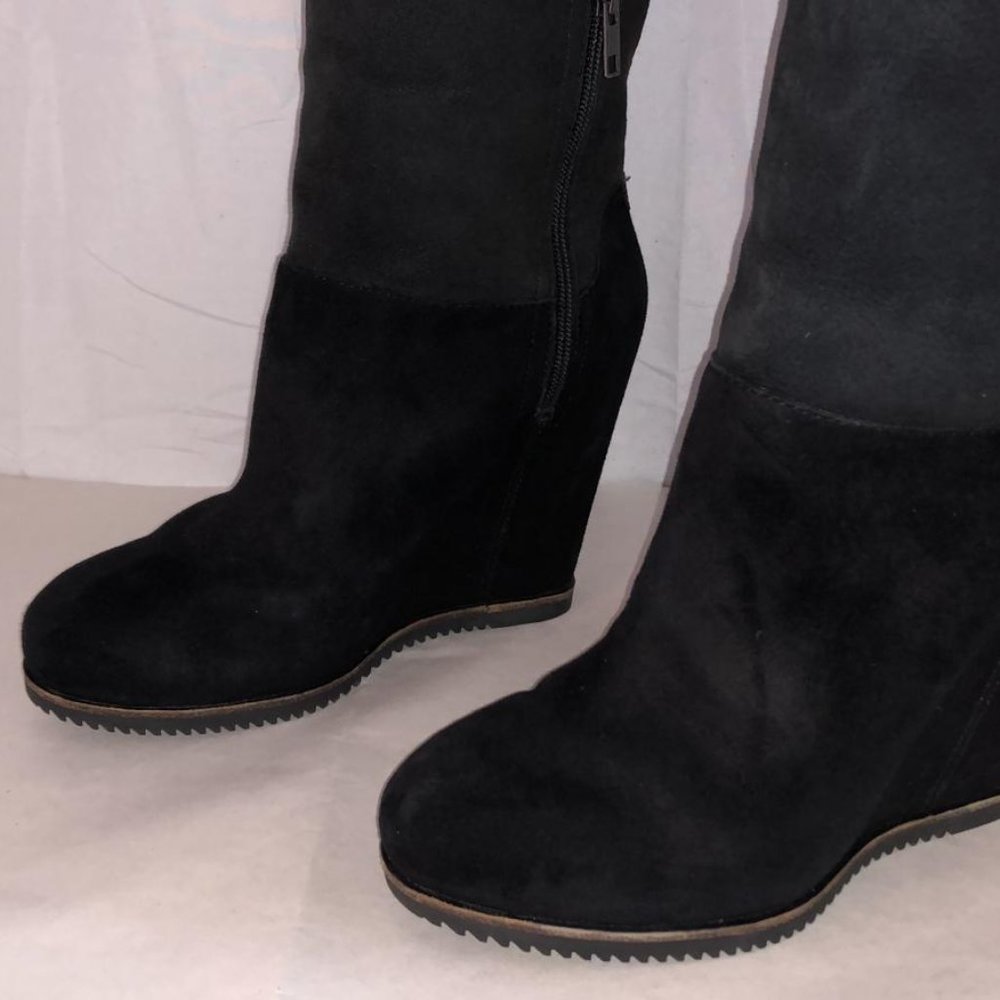 $500❤️40.5/9.5 UGG Black Suede Shearling OVER KNEE High Heel Wedge TALL Boots